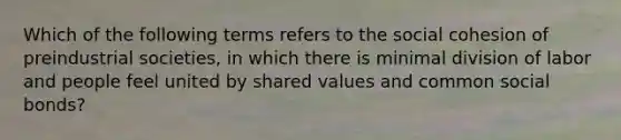 Which of the following terms refers to the social cohesion of preindustrial societies, in which there is minimal division of labor and people feel united by shared values and common social bonds?