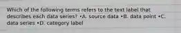 Which of the following terms refers to the text label that describes each data series? •A. source data •B. data point •C. data series •D. category label