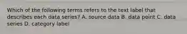 Which of the following terms refers to the text label that describes each data series? A. source data B. data point C. data series D. category label