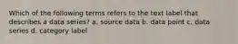 Which of the following terms refers to the text label that describes a data series? a. source data b. data point c. data series d. category label