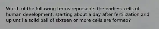 Which of the following terms represents the earliest cells of human development, starting about a day after fertilization and up until a solid ball of sixteen or more cells are formed?