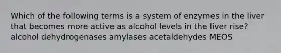 Which of the following terms is a system of enzymes in the liver that becomes more active as alcohol levels in the liver rise? alcohol dehydrogenases amylases acetaldehydes MEOS