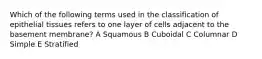 Which of the following terms used in the classification of epithelial tissues refers to one layer of cells adjacent to the basement membrane? A Squamous B Cuboidal C Columnar D Simple E Stratified