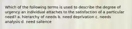 Which of the following terms is used to describe the degree of urgency an individual attaches to the satisfaction of a particular need? a. hierarchy of needs b. need deprivation c. needs analysis d. need salience