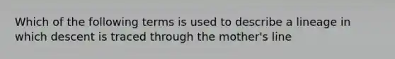 Which of the following terms is used to describe a lineage in which descent is traced through the mother's line