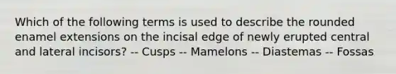 Which of the following terms is used to describe the rounded enamel extensions on the incisal edge of newly erupted central and lateral incisors? -- Cusps -- Mamelons -- Diastemas -- Fossas