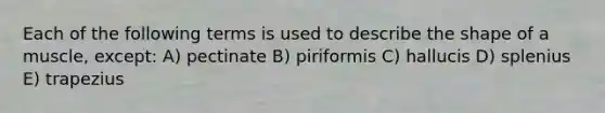 Each of the following terms is used to describe the shape of a muscle, except: A) pectinate B) piriformis C) hallucis D) splenius E) trapezius