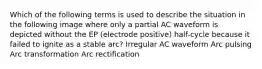 Which of the following terms is used to describe the situation in the following image where only a partial AC waveform is depicted without the EP (electrode positive) half-cycle because it failed to ignite as a stable arc? Irregular AC waveform Arc pulsing Arc transformation Arc rectification