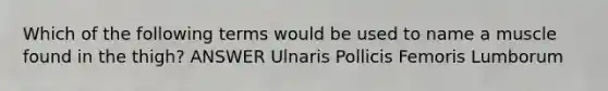 Which of the following terms would be used to name a muscle found in the thigh? ANSWER Ulnaris Pollicis Femoris Lumborum