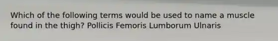 Which of the following terms would be used to name a muscle found in the thigh? Pollicis Femoris Lumborum Ulnaris