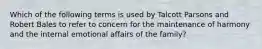 Which of the following terms is used by Talcott Parsons and Robert Bales to refer to concern for the maintenance of harmony and the internal emotional affairs of the family?