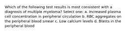 Which of the following test results is most consistent with a diagnosis of multiple myeloma? Select one: a. Increased plasma cell concentration in peripheral circulation b. RBC aggregates on the peripheral blood smear c. Low calcium levels d. Blasts in the peripheral blood