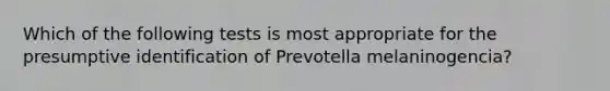 Which of the following tests is most appropriate for the presumptive identification of Prevotella melaninogencia?