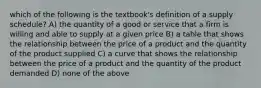 which of the following is the textbook's definition of a supply schedule? A) the quantity of a good or service that a firm is willing and able to supply at a given price B) a table that shows the relationship between the price of a product and the quantity of the product supplied C) a curve that shows the relationship between the price of a product and the quantity of the product demanded D) none of the above