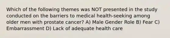 Which of the following themes was NOT presented in the study conducted on the barriers to medical health-seeking among older men with prostate cancer? A) Male Gender Role B) Fear C) Embarrassment D) Lack of adequate health care