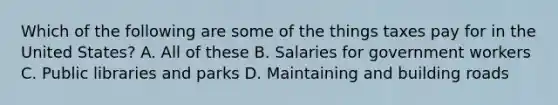 Which of the following are some of the things taxes pay for in the United States? A. All of these B. Salaries for government workers C. Public libraries and parks D. Maintaining and building roads