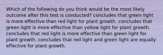 Which of the following do you think would be the most likely outcome after this test is conducted? concludes that green light is more effective than red light for plant growth. concludes that green light is more effective than yellow light for plant growth. concludes that red light is more effective than green light for plant growth. concludes that red light and green light are equally effective for plant growth.