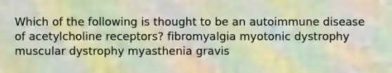 Which of the following is thought to be an autoimmune disease of acetylcholine receptors? fibromyalgia myotonic dystrophy muscular dystrophy myasthenia gravis