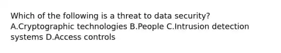 Which of the following is a threat to data security? A.Cryptographic technologies B.People C.Intrusion detection systems D.Access controls