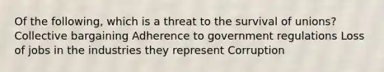 Of the following, which is a threat to the survival of unions? Collective bargaining Adherence to government regulations Loss of jobs in the industries they represent Corruption