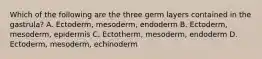 Which of the following are the three germ layers contained in the gastrula? A. Ectoderm, mesoderm, endoderm B. Ectoderm, mesoderm, epidermis C. Ectotherm, mesoderm, endoderm D. Ectoderm, mesoderm, echinoderm