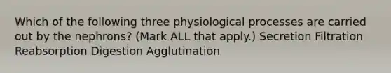 Which of the following three physiological processes are carried out by the nephrons? (Mark ALL that apply.) Secretion Filtration Reabsorption Digestion Agglutination