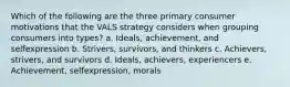 Which of the following are the three primary consumer motivations that the VALS strategy considers when grouping consumers into types? a. Ideals, achievement, and selfexpression b. Strivers, survivors, and thinkers c. Achievers, strivers, and survivors d. Ideals, achievers, experiencers e. Achievement, selfexpression, morals