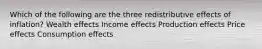 Which of the following are the three redistributive effects of inflation? Wealth effects Income effects Production effects Price effects Consumption effects