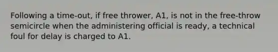 Following a time-out, if free thrower, A1, is not in the free-throw semicircle when the administering official is ready, a technical foul for delay is charged to A1.