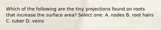 Which of the following are the tiny projections found on roots that increase the surface area? Select one: A. nodes B. root hairs C. tuber D. veins