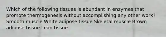 Which of the following tissues is abundant in enzymes that promote thermogenesis without accomplishing any other work? Smooth muscle White adipose tissue Skeletal muscle Brown adipose tissue Lean tissue