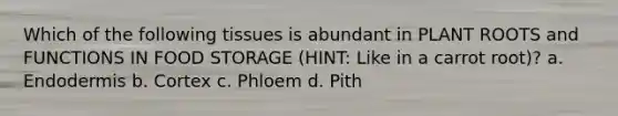 Which of the following tissues is abundant in PLANT ROOTS and FUNCTIONS IN FOOD STORAGE (HINT: Like in a carrot root)? a. Endodermis b. Cortex c. Phloem d. Pith