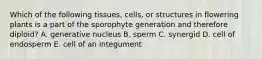 Which of the following tissues, cells, or structures in flowering plants is a part of the sporophyte generation and therefore diploid? A. generative nucleus B. sperm C. synergid D. cell of endosperm E. cell of an integument