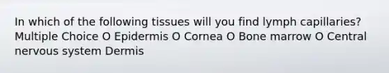 In which of the following tissues will you find lymph capillaries? Multiple Choice O Epidermis O Cornea O Bone marrow O Central nervous system Dermis