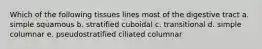 Which of the following tissues lines most of the digestive tract a. simple squamous b. stratified cuboidal c. transitional d. simple columnar e. pseudostratified ciliated columnar