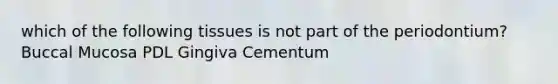 which of the following tissues is not part of the periodontium? Buccal Mucosa PDL Gingiva Cementum