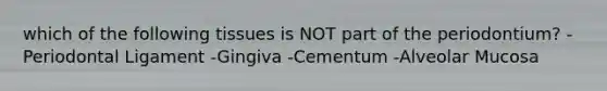 which of the following tissues is NOT part of the periodontium? -Periodontal Ligament -Gingiva -Cementum -Alveolar Mucosa