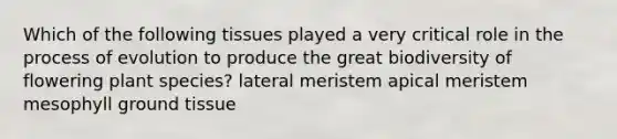 Which of the following tissues played a very critical role in the process of evolution to produce the great biodiversity of flowering plant species? lateral meristem apical meristem mesophyll ground tissue