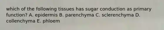 which of the following tissues has sugar conduction as primary function? A. epidermis B. parenchyma C. sclerenchyma D. collenchyma E. phloem