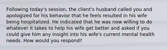 Following today's session, the client's husband called you and apologized for his behavior that he feels resulted in his wife being hospitalized. He indicated that he was now willing to do whatever it takes to help his wife get better and asked if you could give him any insight into his wife's current mental health needs. How would you respond?