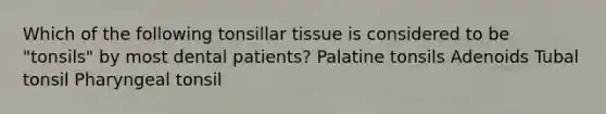 Which of the following tonsillar tissue is considered to be "tonsils" by most dental patients? Palatine tonsils Adenoids Tubal tonsil Pharyngeal tonsil