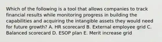 Which of the following is a tool that allows companies to track financial results while monitoring progress in building the capabilities and acquiring the intangible assets they would need for future growth? A. HR scorecard B. External employee grid C. Balanced scorecard D. ESOP plan E. Merit increase grid