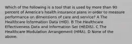 Which of the following is a tool that is used by more than 90 percent of America's health insurance plans in order to measure performance on dimensions of care and service? A The Healthcare Information Data (HID). B The Healthcare Effectiveness Data and Information Set (HEDIS). C The Healthcare Modulation Arrangement (HMA). D None of the above.