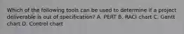 Which of the following tools can be used to determine if a project deliverable is out of specification? A. PERT B. RACI chart C. Gantt chart D. Control chart