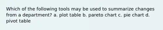 Which of the following tools may be used to summarize changes from a department? a. plot table b. pareto chart c. pie chart d. pivot table