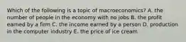 Which of the following is a topic of macroeconomics? A. the number of people in the economy with no jobs B. the profit earned by a firm C. the income earned by a person D. production in the computer industry E. the price of ice cream