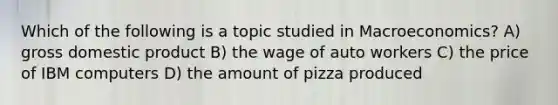 Which of the following is a topic studied in Macroeconomics? A) gross domestic product B) the wage of auto workers C) the price of IBM computers D) the amount of pizza produced