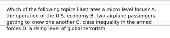 Which of the following topics illustrates a micro-level focus? A. the operation of the U.S. economy B. two airplane passengers getting to know one another C. class inequality in the armed forces D. a rising level of global terrorism