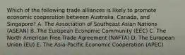 Which of the following trade alliances is likely to promote economic cooperation between Australia, Canada, and Singapore? A. The Association of Southeast Asian Nations (ASEAN) B. The European Economic Community (EEC) C. The North American Free Trade Agreement (NAFTA) D. The European Union (EU) E. The Asia-Pacific Economic Cooperation (APEC)