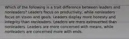 Which of the following is a trait difference between leaders and nonleaders? Leaders focus on productivity, while nonleaders focus on vision and goals. Leaders display more honesty and integrity than nonleaders. Leaders are more extroverted than nonleaders. Leaders are more concerned with means, while nonleaders are concerned more with ends.